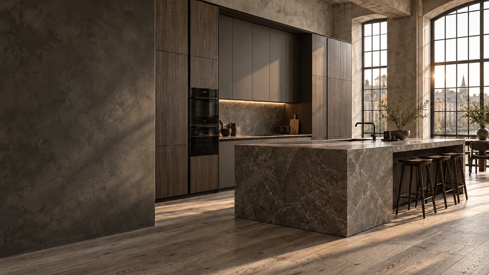 Kitchen with stone island and a large window