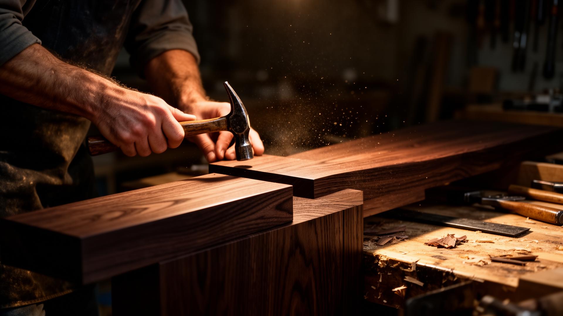 AXIO craftsman working dark oak in the atelier